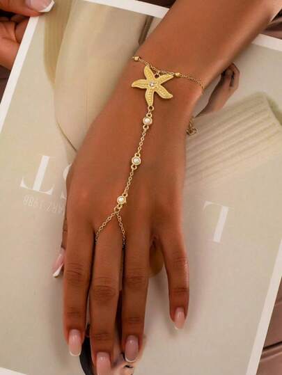 1pc Fashionable Minimalist Starfish Pearl Beaded Rings Bracelet, Everyday Women Accessories, Size As Primary Basis, Exact Bead Quantity May Vary