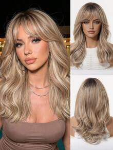 Brown Ombre Chic 20inch Long Water Wave Synthetic Wig With Bangs - Heat Resistant, Natural Look For Women & Men - Perfect For Daily Wear & Halloween Parties - 漸層 - 查看 2