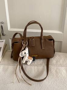 1pc Fashion New Women's Elegant Handbag, Shoulder Crossbody Bucket Bag, Minimalist Retro Solid Color PU Pleated Texture Metal Decor Double Zipper Closure With Personalized Pendant, Suitable For Travel, Shopping, Dating - Brown - View 4