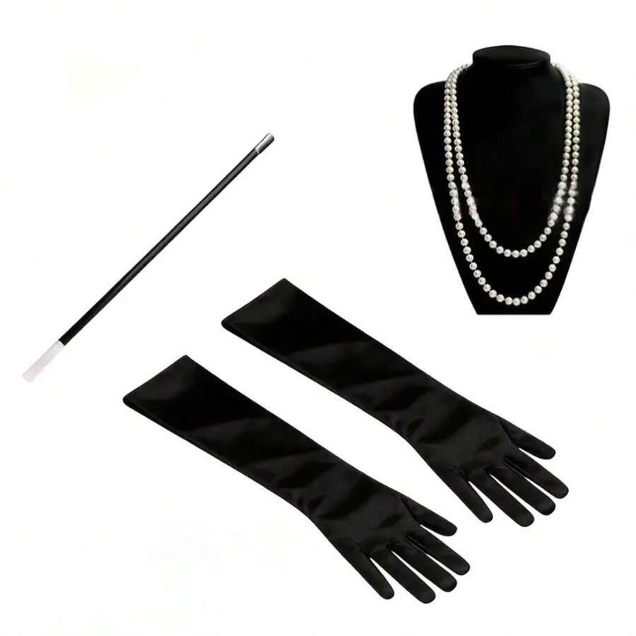 4件套1920年代女士优雅配饰套装，复古配饰，单人派对化妆舞会服装道具，珍珠手套，适合各种节日和派对 - 彩色 - 查看 1