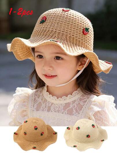 1pc Kids/Baby Breathable Wide Brim Sun Hat, Strawberry Decor, Summer Sun Protection For Children