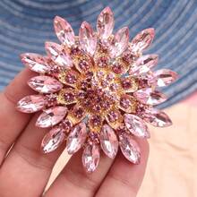 Luxury Pink Crystal Flower Brooch, Gold Tone Fully Rhinestone Covered Petal Pin, Romantic Jewelry For Daily Formal Wedding Delicate Feminine Gift - 粉色 - 查看 6