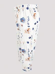 大码纯色无定位印花弹力腰带抽绳口袋四向弹力面料白色花卉休闲度假裤，春夏款 - 白色 - 查看 3