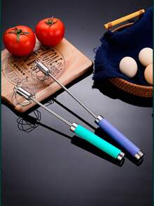 1pc Portable Stainless Steel Rotary Egg Beater, Semi-Automatic 28CM Egg Mixer, Press-Type Manual Whisk, Kitchen Gadget & Camping Cookware - Multicolor - View 8