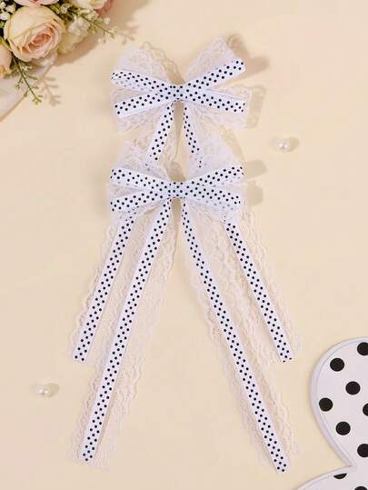 2pcs Polka Dots Hair Bows For Girls White Lace Bow Alligator Clips With Long Tail Elegant Wedding/Vacation Hair Clips Boho Style Hairpins Cute Sweet Gift Hair Bows Teens Hair Accessories