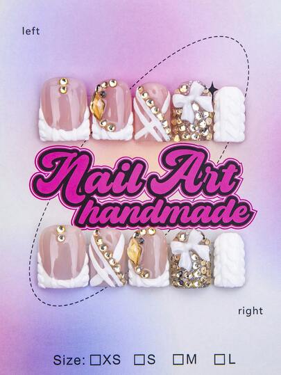 10pcs/Set Handmade Square Nail Tips, Y2K Baddie Style, Nude & White Color With French Tips & Floral Design, Suitable For Women & Girls, Includes Tools, Great Gift For Parties, Weddings, Daily Wear Nails Nail Supplies Handmade Press On Nails