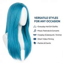 28 Inch Mint Blue Straight Wig With Middle Part, Heat Resistant Synthetic Hair, Natural Feel, Suitable For Daily Wear And Parties - Mint Blue - View 6