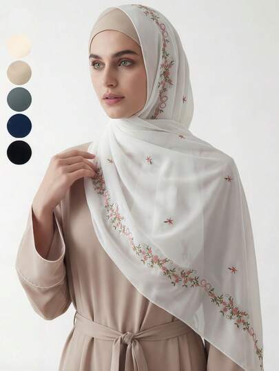1 pieza Pañuelo de cabeza de chifón bordado de lujo, estilo de Oriente Medio, pañuelo para la cabeza malayo para mujeres