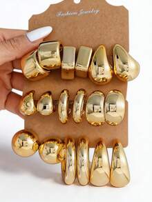 1 Set Fashionable Minimalist Geometric Pattern CCB Earrings Set, Suitable For Daily Wear - Yellow Gold - View 1