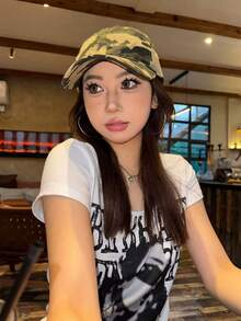 性感美国女孩图案印花宽松不对称领短袖T恤，修身休闲女式上衣 白色夏季 - 白色 - 查看 3