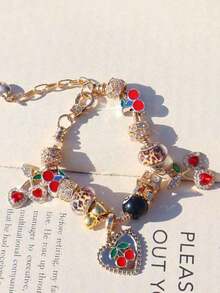 1pc Leopard Print Cherry Charm Bracelet, 1pc Black Cherry 8mm Bead Bracelet, Fashion Leopard Print DIY Bracelet, 1pc Red Cherry Music Festival Bracelet - 金色 - 查看 2