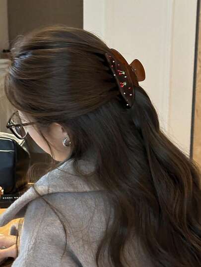 1pc Acetate Hair Clip, Amber Brown Color With Rhinestones, Cherry Design, Elegant New Hair Accessory For Everyday Updo, Hair Claw