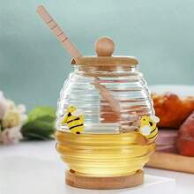 1pc 10/14/17oz Glass Honey Jar With Bee Pattern, Transparent Honey Storage Container With 1 Wooden Stirrer, 1 Wooden Lid And 1 Wooden Base, Suitable For Syrup Storage, Home, Wedding, Party, Kitchen - View 10