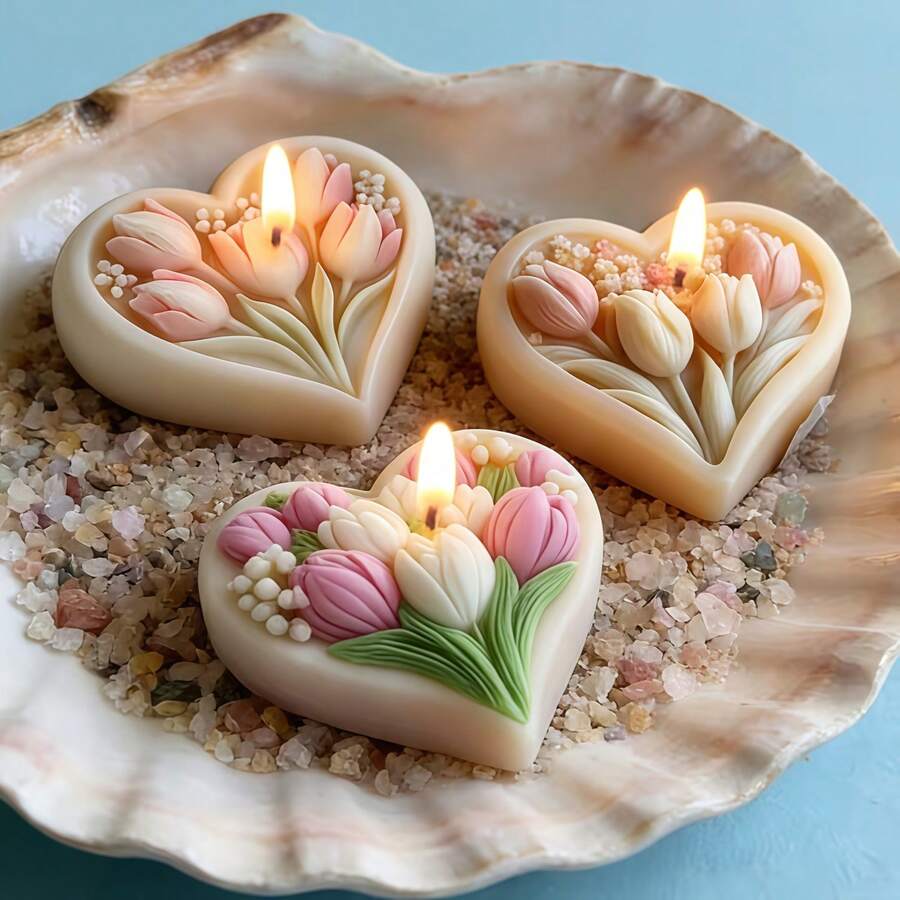 Heart-Shaped Tulip Silicone Mold Aromatherapy Candle Mold Combining Heart And Tulip 3D Flat Bottom Design Perfect For Handmade DIY Decorations, Soap Making, And Home Decoration Reusable And Durable Silicone Mold - Transparent White - View 1