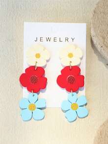 1对女士春夏白色、红色、蓝色花卉印花陶瓷质感INS设计可爱个性亚克力长耳环 - 彩色 - 查看 6