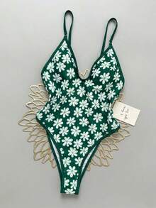 Women's Sexy V-Neck Floral Print Green Cute & Elegant Swimsuit Vacation - Green - View 1