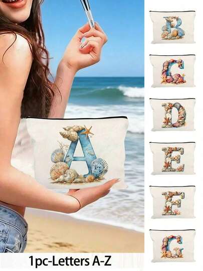 1pc Stylish A-Z Beach-Themed Starfish Letters Makeup Bag,Starfish Coral Shell Pattern Printed,Vibrant Seaside Design,Unisex Travel Cosmetic & Toiletry Organizer, Large Capacity Cosmetic Bag, Portable Casual Storage Bag, Multifunctional Shopping Bag, Portable Travel Beach Makeup Bag, Travel Toilet Organizer Zipper Bag