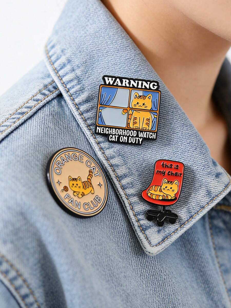 1枚可爱橙色猫咪珐琅趣味“这是我的椅子”和“邻里徽章”自爱徽章金属胸针时尚翻领徽章背包衣服珠宝包别针毕业礼物 - 彩色 - 查看 1