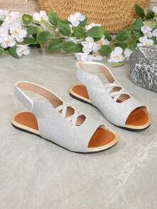 Women's Glitter Hollow Out Flat Sandals - Open Toe One-Strap Casual Summer Beach Holiday Daily Wear Shoes - Silver - View 3