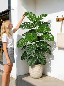 70-100厘米大型人造龟背竹树，逼真热带棕榈植物，塑料绿色龟背竹叶，落地式香蕉树枝，适用于家居、花园、办公室、派对、厨房装饰，1件装，不含花盆 - 綠色 - 查看 2