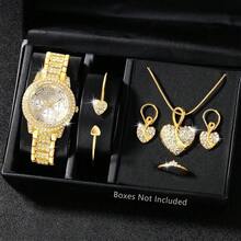 1 Set Women's Watch, Fashionable & Elegant, Round Roman Numeral Quartz Watch With Necklace, Ring, Earrings And Bracelet Jewelry Set, Suitable For Daily Wear, Birthday, Back To School, Thanksgiving And Romantic Occasions, Perfect Gift (Excluding Gift Box) - Gold - View 7