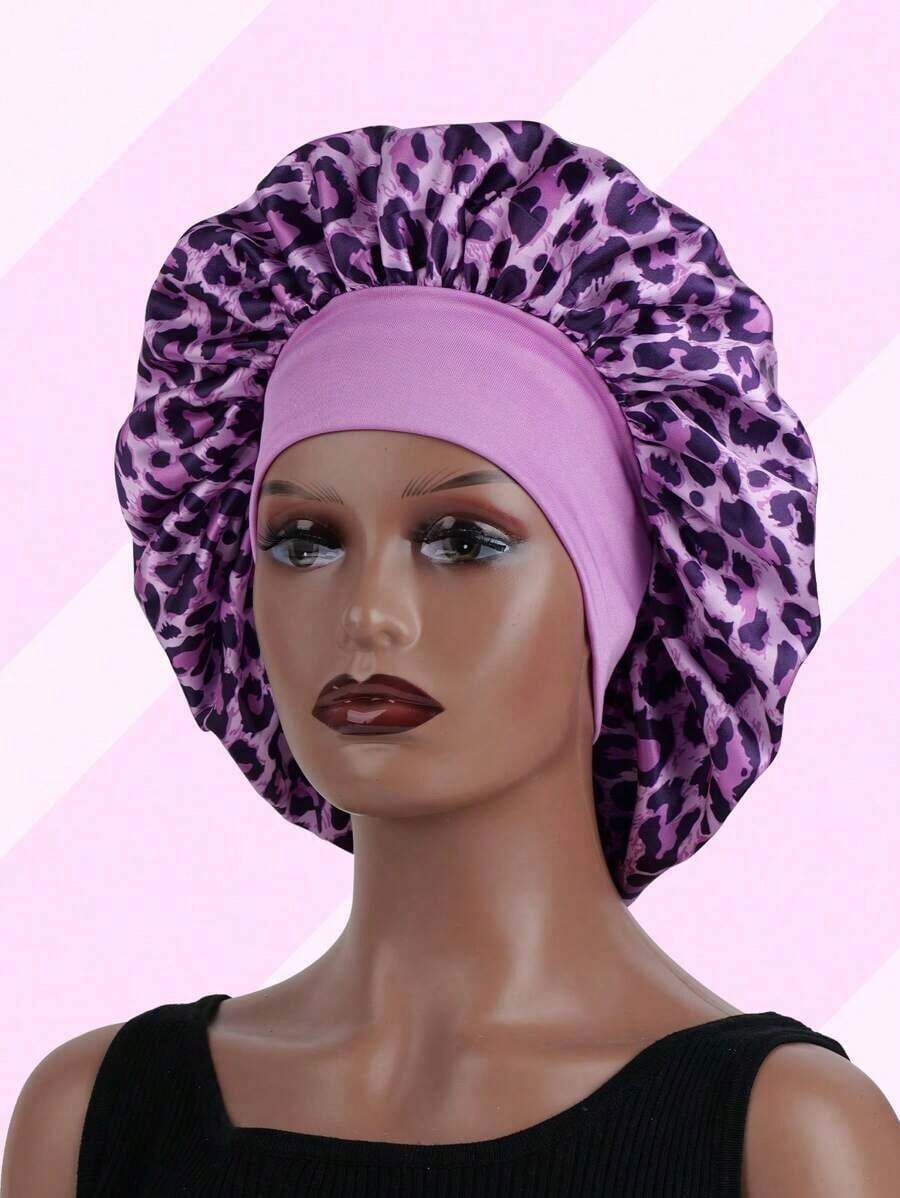 Gorro de satén con estampado de leopardo morado para mujeres - Gorro de seda reversible para el cabello - Gorro de dormir suave y elástico de banda ancha para la protección del cabello rizado - Rosa Fucsia - Ver 1