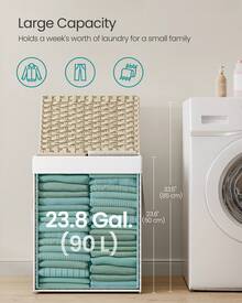 SONGMICS Handwoven Laundry Hamper, Dirty Clothes Basket, 23.8 Gal (90L) Synthetic Rattan Clothes Laundry Basket With Lid And Handles, Foldable, Removable Liner Bag, 18.1"L X 13"W X 23.6"H, Gray, Khaki - 沙灘色 - 查看 6