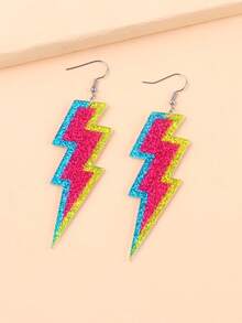 2件套时尚几何圆形、矩形、闪电形亚克力长耳环，女士款 - 藍玫紅黃 - 查看 3
