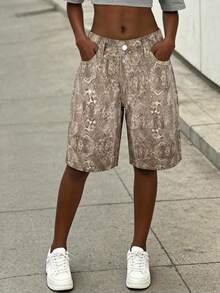 Casual Women's Denim Bermuda Shorts Straight Leg Non-Stretch Snake Print Pattern - Camel - View 5