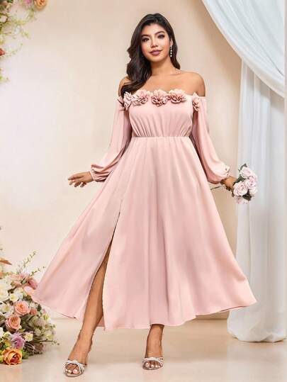 Plus Size Women's Off-Shoulder Ruched Floral Decor Split Elegant Waist Cocktail Party Dress Spring