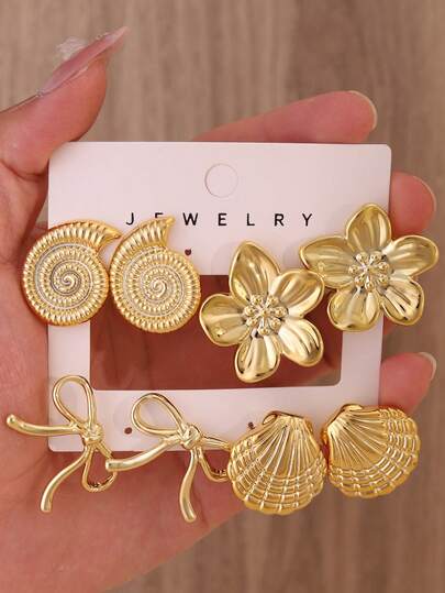 4 Pairs Gold Tone Earrings, Vacation Style, Made Of CCB Material, Featuring Seashell, Flower, Bowknot Designs, For Women, Suitable For Beach Vacation
