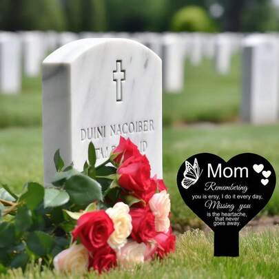 1pc 2D Flat Heart-Shaped Memorial Gravestone, Condolence Gift For Mother's Passing, Garden Stake Condolence Gravestone Stake, Cemetery Garden Stake, Acrylic Gravestone Stake, Cemetery Gravestone Decor