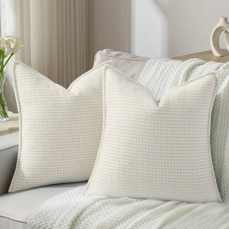 YSTYLE Chenille-Sofakissenbezüge 45x45 cm, 2 Stück, Dekorative Wohnzimmer-Sofakissenbezüge, Weicher Kissenbezug mit Zierkante, Elegante quadratische Kissenbezüge - Creme - Übersicht 1