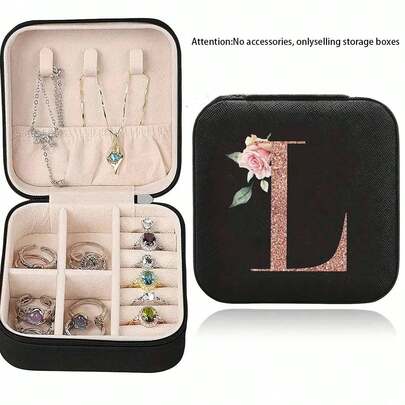 Boîte à bijoux mini en cuir PU, Attention : Pas d'accessoires, Seulement la de boîtes de rangement, Organisateur de voyage pour boucles d'oreilles et bracelets, Boîte personnalisée avec lettre florale dorée, Boîte légère et protectrice