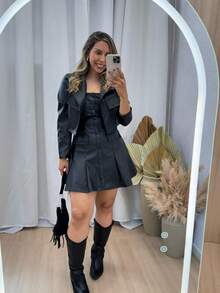 Women's Faux Leather Dress And Jacket Set - 黑色 - 查看 4