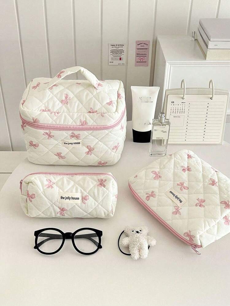 1 Piece/Set Pink Bow Pattern Cosmetic Bag Set, Fashionable And Casual Floral Cosmetic Bag, Beautiful Toiletry Bag, Travel Storage Bag, Makeup Brush Storage Bag For Ladies And Girls, Travel Essentials, Quilted Storage Bag, Playful Skin Care Storage Bag For Women, Spring And Summer Vacation, Back-To-School Gift, Wedding Gift - Pink - View 1