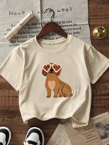 Áo thun ngắn tay in hình chó Dachshund dễ thương, hình trái tim và kính râm, dành cho bé gái, kiểu dáng thường ngày, trẻ trung và đáng yêu. - Màu be - Xem 3