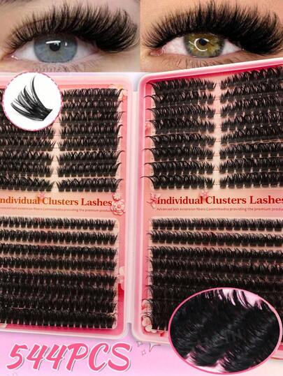 Waloshow 240-544片D型卷翘假睫毛套装，40D 50D 60D 80D 100D 10-16mm DIY单根假睫毛，3D水貂毛假睫毛，俄式浓密蓬松效果，适合戏剧妆容、日常妆容、角色扮演、全套浓妆及日常佩戴，便携易用，适合日常或外出使用。