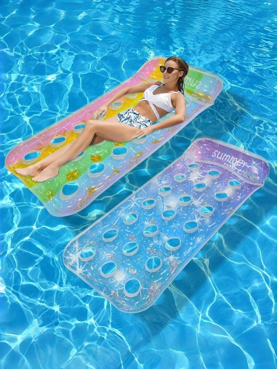 1pc Inflatable Hollow Gradient Sequin Floating Bed, Made Of PVC Material, Summer Beach Inflatable Floating Device, Water Relaxing Lounger, Swimming Pool Float, Beach Essential, Beach Accessory - Water Rest Area - View 1