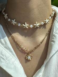 2pcs/Set Fashionable Unique Cute Pearl Shell Starfish Beaded Multilayer Necklace Set, Suitable For Daily Wear, Holiday Party Jewelry For Women - Multicolor - View 5