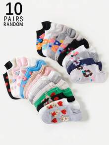 1/5/10/15/20 pares de calcetines invisibles de boca poco profunda con patrones mixtos de corazones y flores de estilo lindo y de dibujos animados para mujer, de primavera/verano - Multicolor - Ver 15
