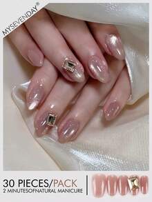 30 Pieces Press On Nails Short Oval/The Nails Are Overlaid With Fine Glitter Gold Powder/Cat Eye Glue And Embedded With Square Cut Metal Frame Diamond Jewelry, Which Is Suitable For Daily Commuting, As Well As Formal Occasions Such As Dates And Dinners. It Is A Representative Style Of Gentle Imperial Style. - Multicolor - View 1