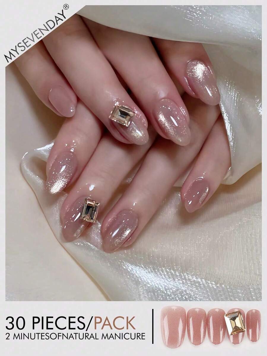 30 Pieces Press On Nails Short Oval/The Nails Are Overlaid With Fine Glitter Gold Powder/Cat Eye Glue And Embedded With Square Cut Metal Frame Diamond Jewelry, Which Is Suitable For Daily Commuting, As Well As Formal Occasions Such As Dates And Dinners. It Is A Representative Style Of Gentle Imperial Style. - Multicolor - View 1