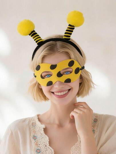 女士蜜蜂头饰眼罩套装，生日派对趣味服装头饰，昆虫主题角色扮演派对配饰，节日舞台表演装饰道具