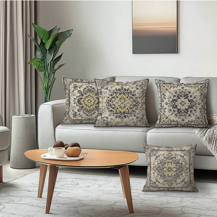 Conjunto de 4 capas de almofada decorativas em veludo pêssego com estampa de tapete boêmio, 100% poliéster, para sala de estar, sofá e quarto. Disponíveis apenas as capas. Tamanhos: 40x40cm/45x45cm/50x50cm. - padrões de tapetes em estilo folclórico boêmio - Ver 1