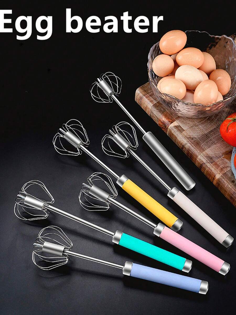 1pc Portable Stainless Steel Rotary Egg Beater, Semi-Automatic 28CM Egg Mixer, Press-Type Manual Whisk, Kitchen Gadget & Camping Cookware - Multicolor - View 1