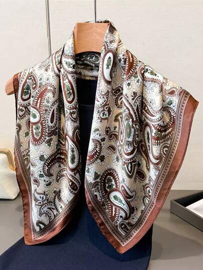 1pc 70*70cm Square Silk Scarf, Women's Satin Printed Headscarf, Neckerchief, Headband, Fashion Ladies Shawl, Scarf