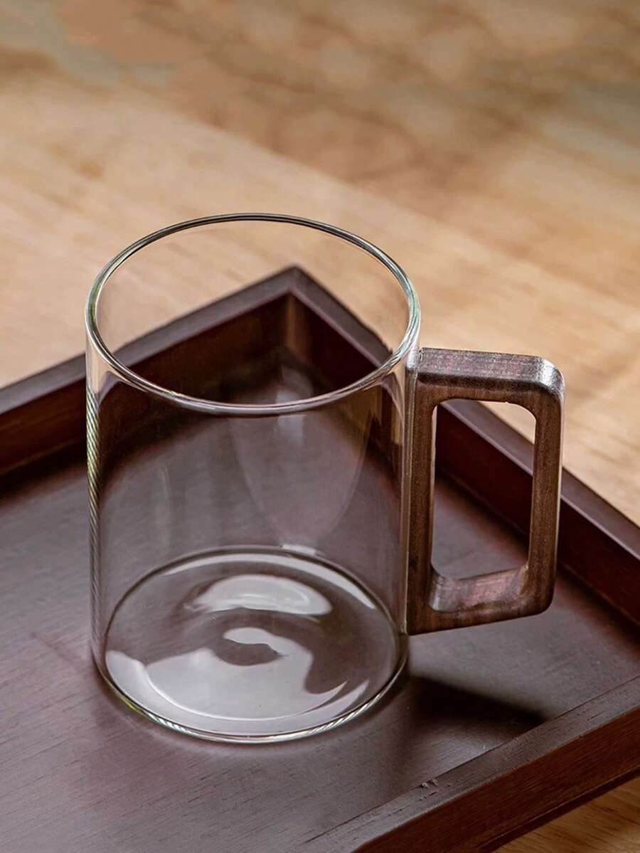 1pc Heat-Resistant Glass Coffee Cup With Wooden Handle, Transparent Glass Drinking Cup Suitable For Tea, Milk, Bubble Tea, Water, Latte, Espresso, Matcha, Juice, Cappuccino, Ideal For Home, Cafe, Kitchen, Valentine's Day Gift, Teacher's Gift, Birthday Gift