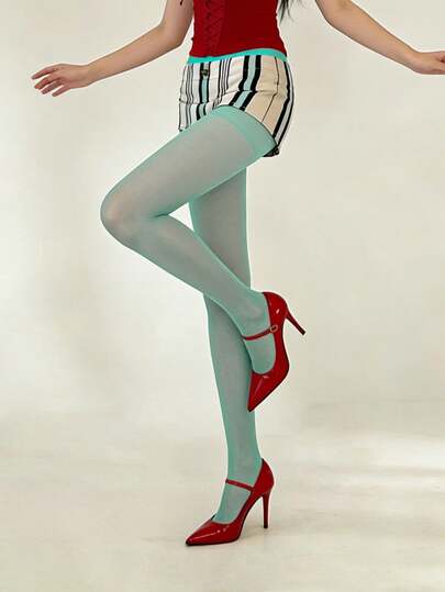 1 Pair Women's Mint Green Sheer Pantyhose For Spring & Summer, High Elastic Thin Nylon Stockings, Retro Y2K Aesthetic, Ideal For Streetwear & Festival Wear