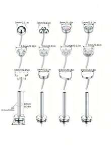 12pcs 16G 18G 20G Flat Back Earrings, 316L Stainless Steel Cartilage Nose Studs Push-In Lip Rings Hoop Piercing Jewelry, Unisex - Lip Studs - View 3